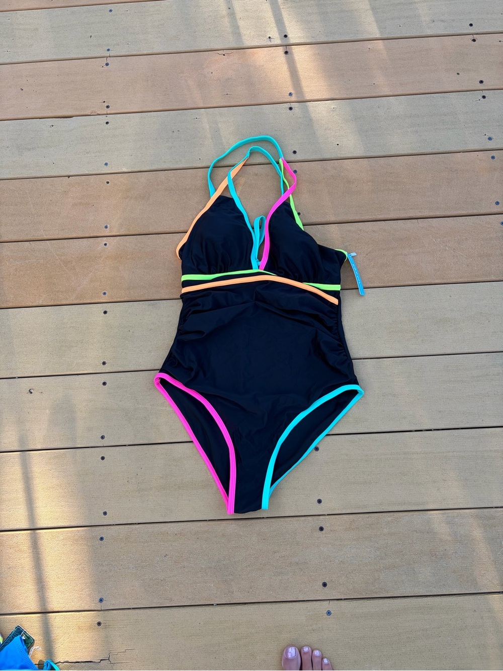 Large Black One-Piece Swimsuit with Neon Trim